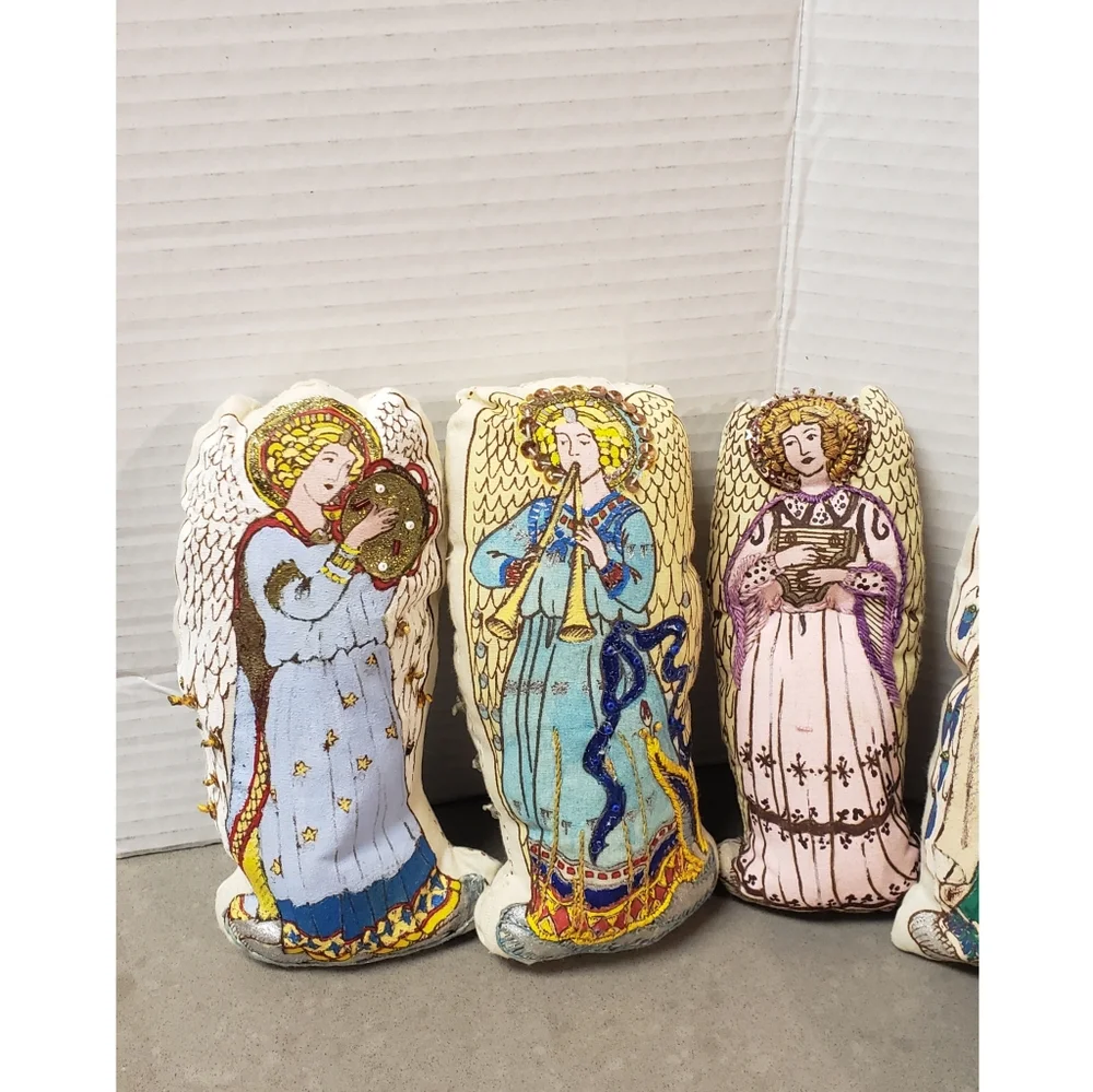 Vintage Lot Set Of 10 Cut And Sew Handpainted Embellished Soft Sculpture Angels - Picture 12 of 16